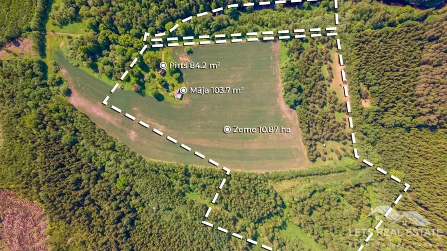 103.7 m² māja, 84.2 m² guļbūve, 10.87 ha zeme